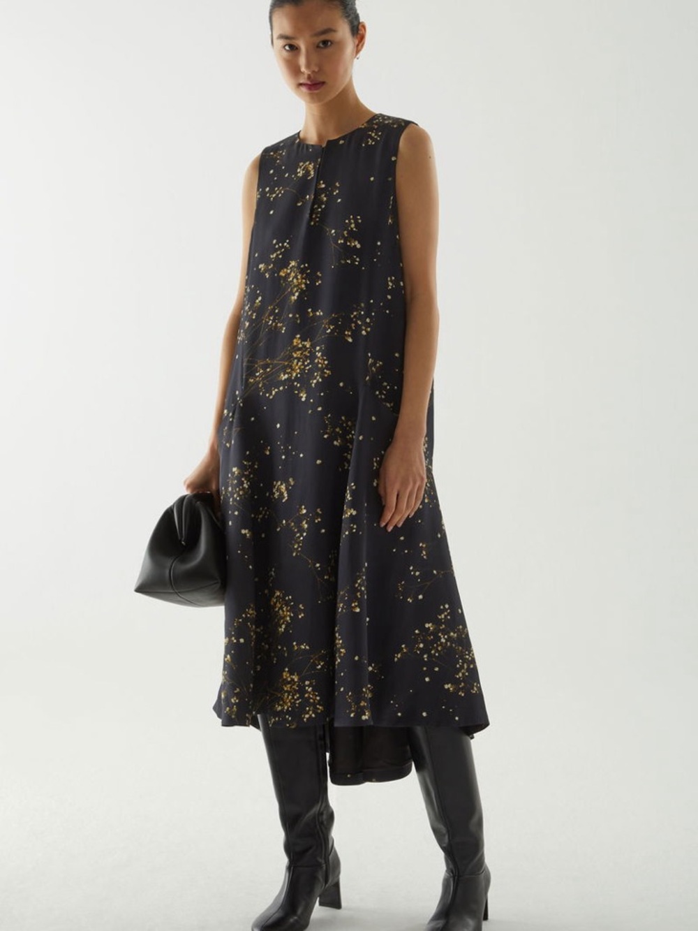 COS Printed Handkerchief Hem Floral Pattern Black Gold Sleeveless Midi Dress 14